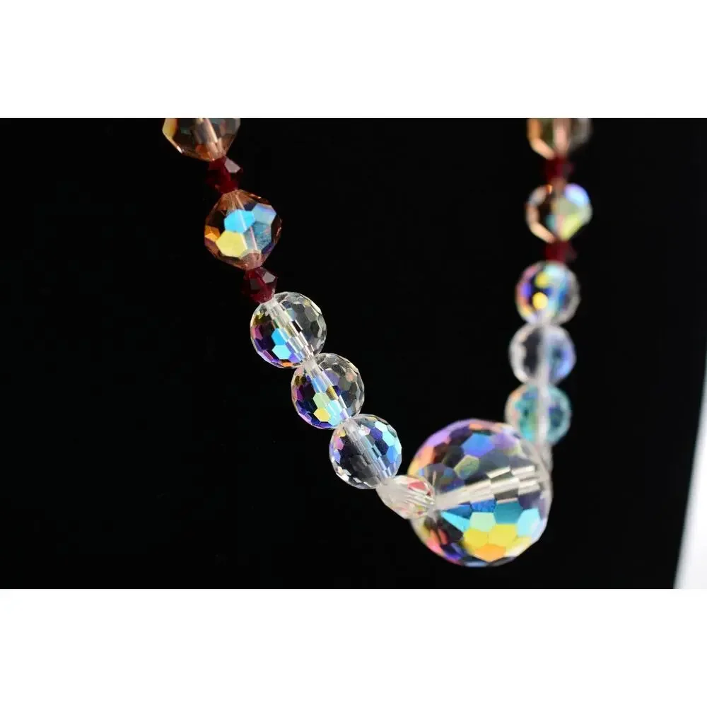 Vintage Glass Crystal Beaded Necklace Aurora Borealis Heavy Chunky Signed Bin3B